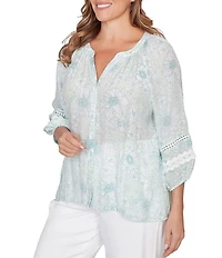 Ruby Rd. Plus Size Silky Gauze Floral Split V-Neck 3/4 Sleeve Button-Front Blouse