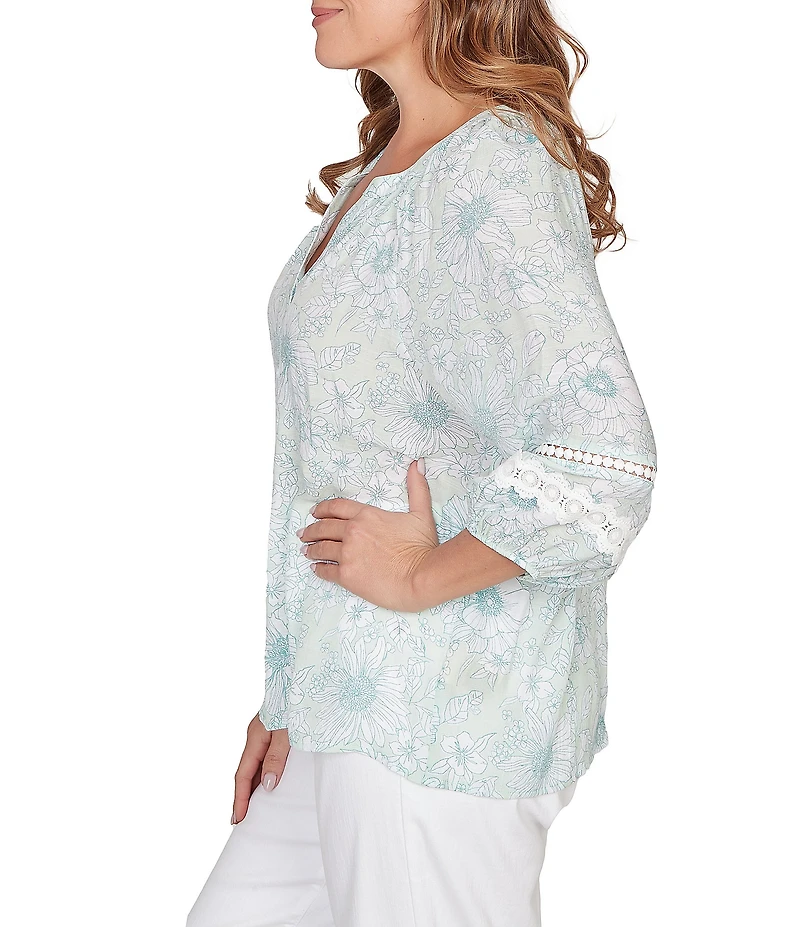 Ruby Rd. Plus Size Silky Gauze Floral Split V-Neck 3/4 Sleeve Button-Front Blouse