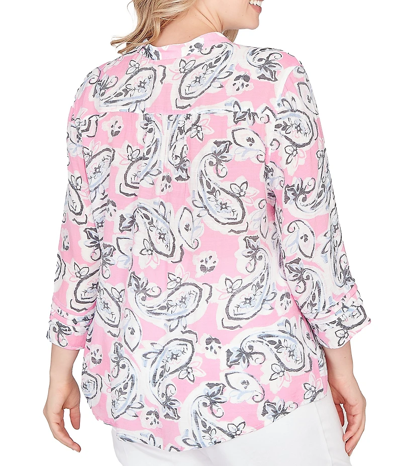 Ruby Rd. Plus Size Silky Gauze Hydrangea Paisley Split V-Neck 3/4 Sleeve Button Front Top