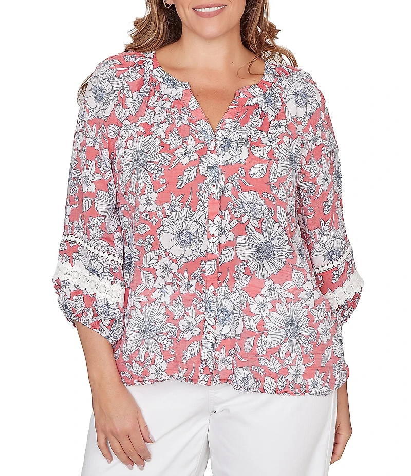 Ruby Rd. Plus Size Silky Gauze Woven Floral Split V-Neck 3/4 Lace Inset Sleeve Blouse