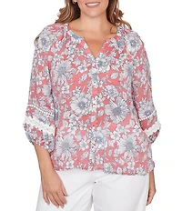 Ruby Rd. Plus Size Silky Gauze Woven Floral Split V-Neck 3/4 Lace Inset Sleeve Blouse