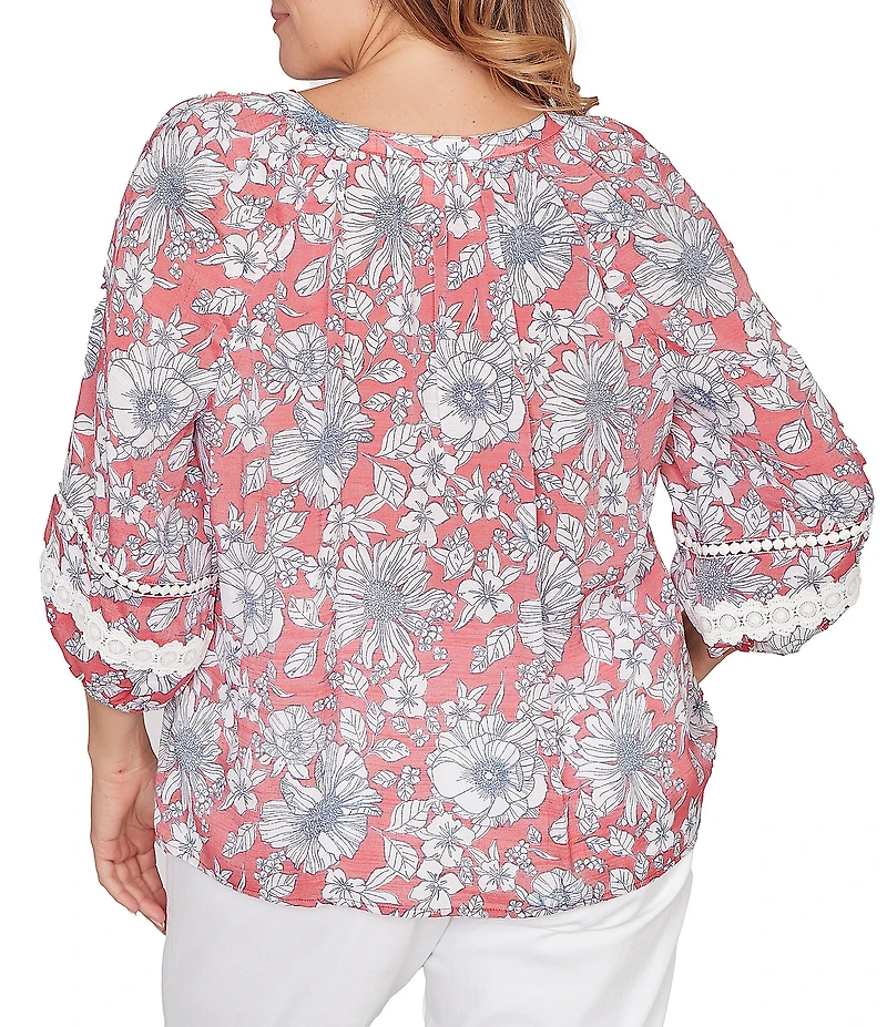 Ruby Rd. Plus Size Silky Gauze Woven Floral Split V-Neck 3/4 Lace Inset Sleeve Blouse
