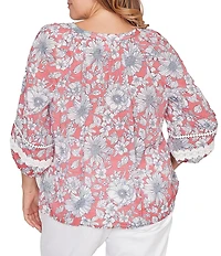 Ruby Rd. Plus Size Silky Gauze Woven Floral Split V-Neck 3/4 Lace Inset Sleeve Blouse