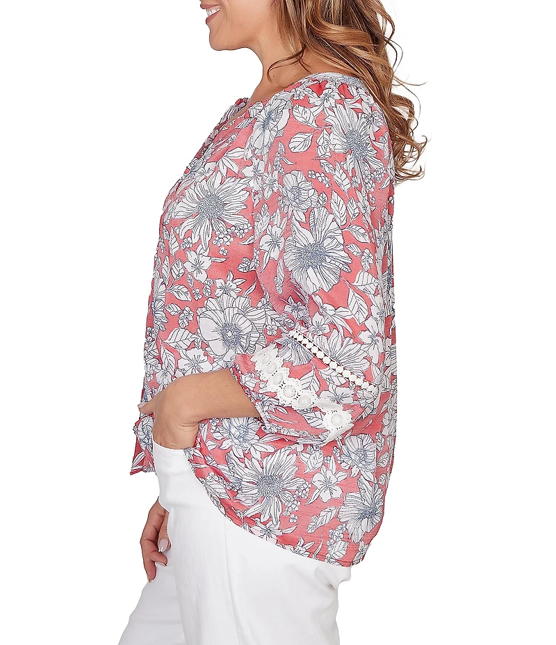 Ruby Rd. Plus Size Silky Gauze Woven Floral Split V-Neck 3/4 Lace Inset Sleeve Blouse