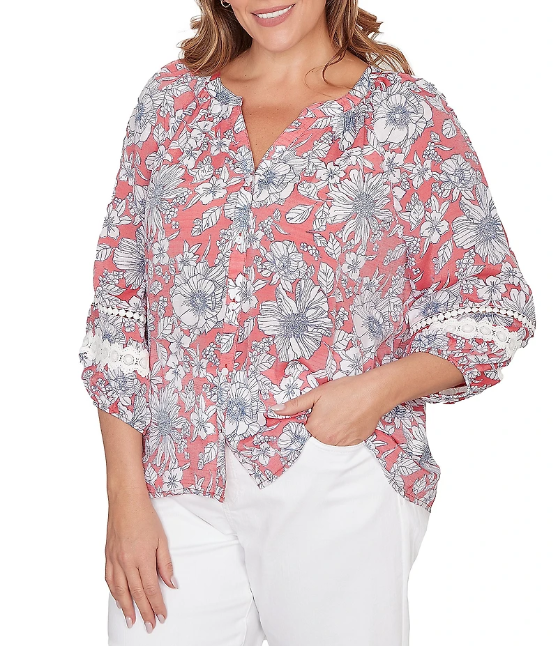Ruby Rd. Plus Size Silky Gauze Woven Floral Split V-Neck 3/4 Lace Inset Sleeve Blouse
