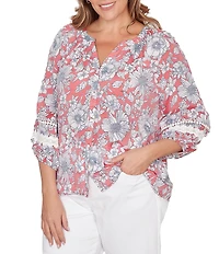 Ruby Rd. Plus Size Silky Gauze Woven Floral Split V-Neck 3/4 Lace Inset Sleeve Blouse