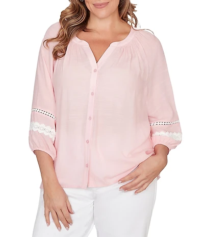 Ruby Rd. Plus Size Silky Gauze Woven Split V-Neck 3/4 Sleeve Lace Trim Button-Front Peasant Blouse