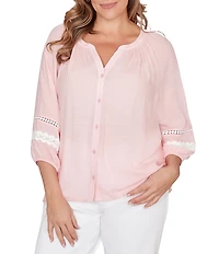 Ruby Rd. Plus Size Silky Gauze Woven Split V-Neck 3/4 Sleeve Lace Trim Button-Front Peasant Blouse