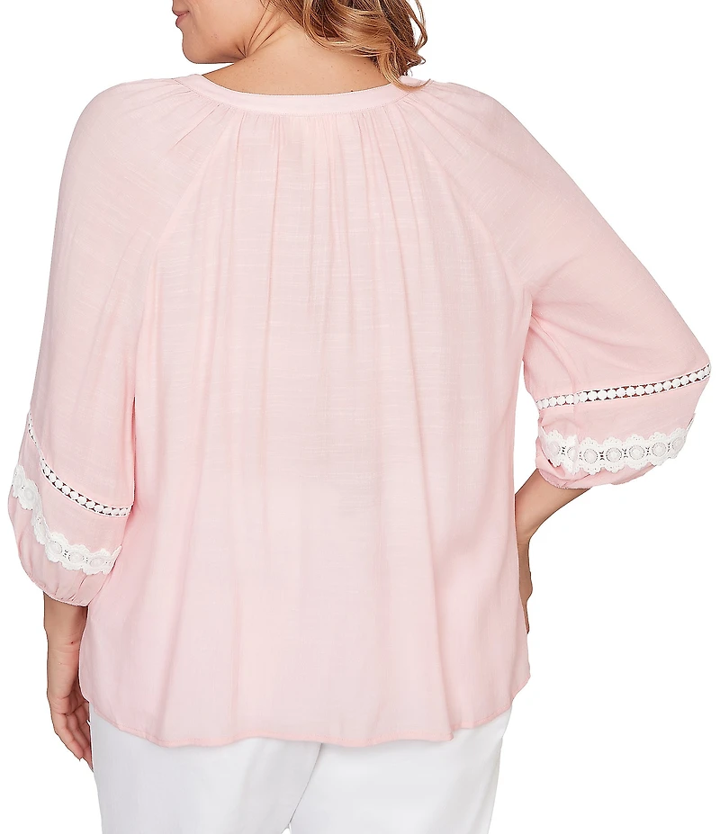 Ruby Rd. Plus Size Silky Gauze Woven Split V-Neck 3/4 Sleeve Lace Trim Button-Front Peasant Blouse