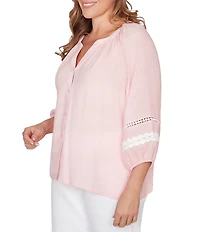 Ruby Rd. Plus Size Silky Gauze Woven Split V-Neck 3/4 Sleeve Lace Trim Button-Front Peasant Blouse