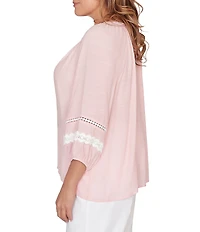 Ruby Rd. Plus Size Silky Gauze Woven Split V-Neck 3/4 Sleeve Lace Trim Button-Front Peasant Blouse