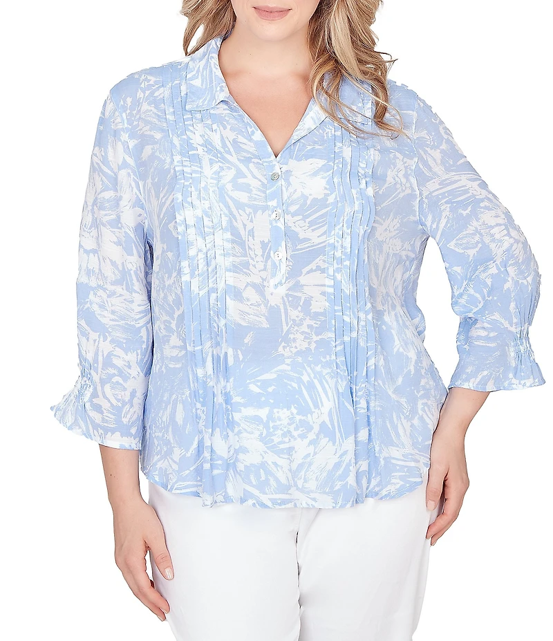 Ruby Rd. Plus Size Silky Slub Woven Brushstroke Floral Collared V-Neck 3/4 Sleeve Top