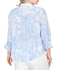 Ruby Rd. Plus Size Silky Slub Woven Brushstroke Floral Collared V-Neck 3/4 Sleeve Top