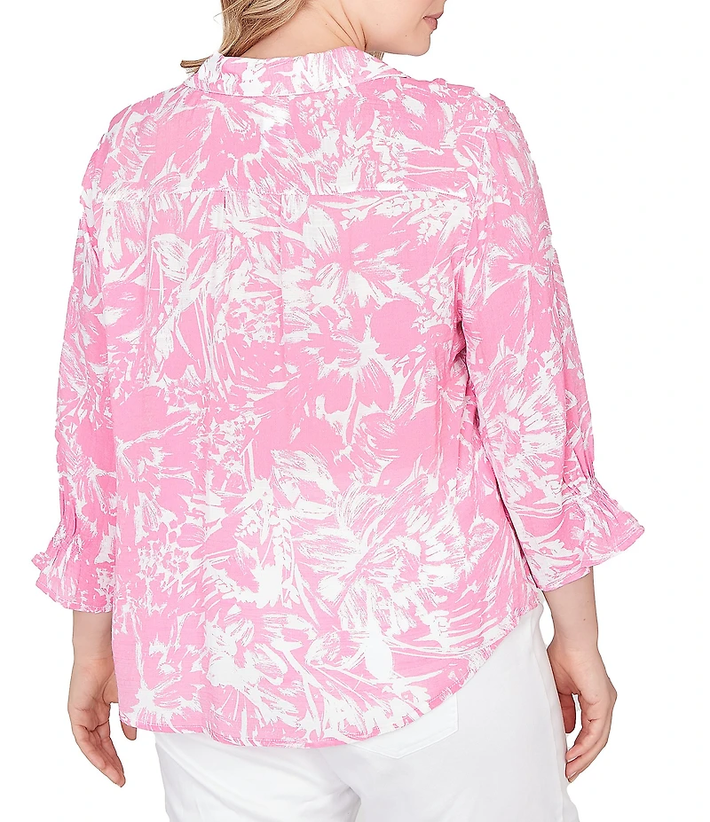 Ruby Rd. Plus Size Silky Slub Woven Brushstroke Floral Collared V-Neck 3/4 Sleeve Top