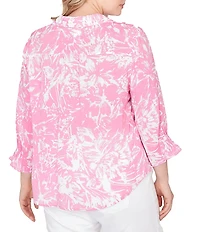 Ruby Rd. Plus Size Silky Slub Woven Brushstroke Floral Collared V-Neck 3/4 Sleeve Top