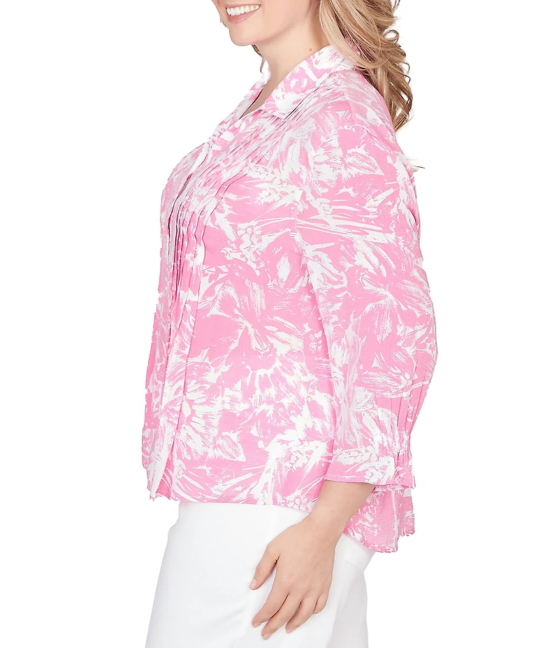 Ruby Rd. Plus Size Silky Slub Woven Brushstroke Floral Collared V-Neck 3/4 Sleeve Top