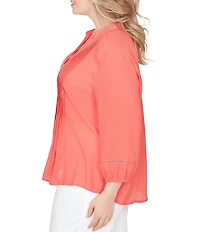 Ruby Rd. Plus Size Silky Slub Woven Split V-Neck 3/4 Sleeve Button Front Top