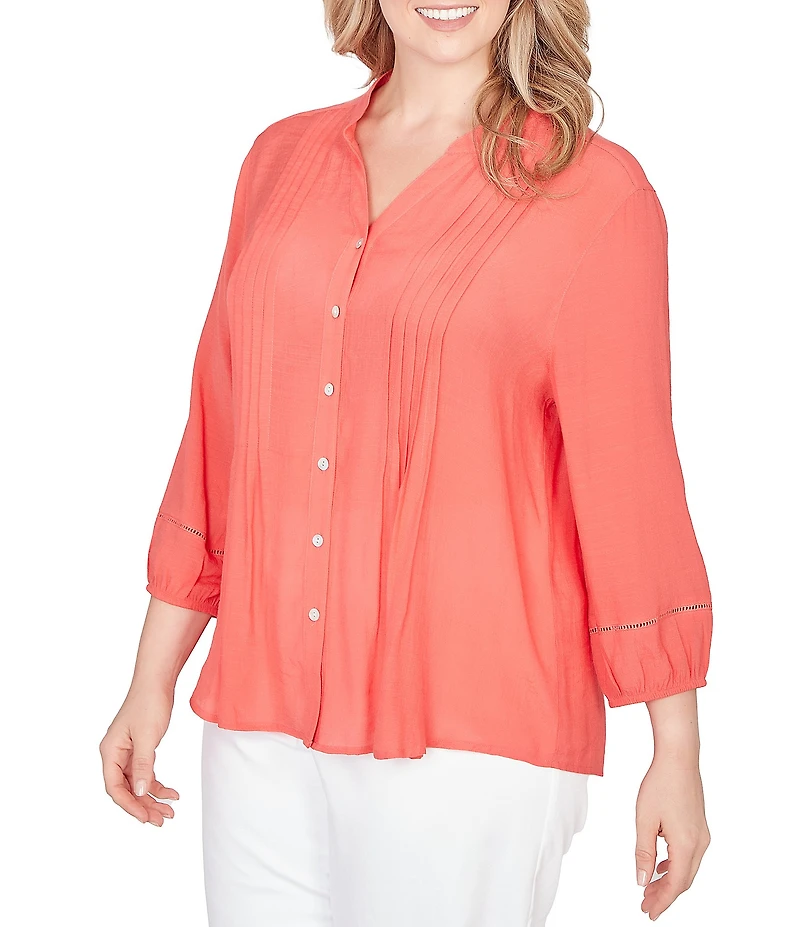 Ruby Rd. Plus Size Silky Slub Woven Split V-Neck 3/4 Sleeve Button Front Top