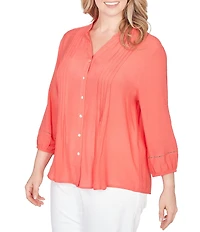 Ruby Rd. Plus Size Silky Slub Woven Split V-Neck 3/4 Sleeve Button Front Top