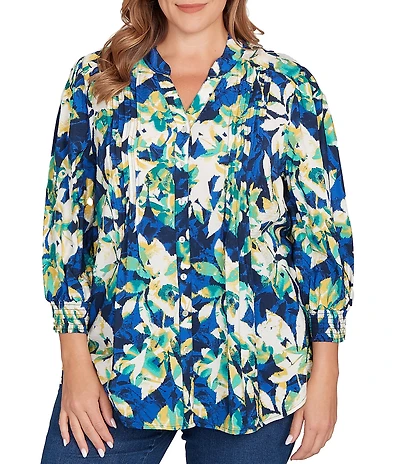 Ruby Rd. Plus Size Silky Voile Floral Band V-Neck 3/4 Sleeve Button Front Blouse