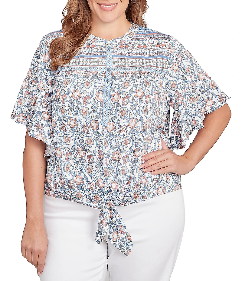 Ruby Rd. Plus Size Silky Voile Printed Round Neck Short Flutter Sleeve Tie-Front Top