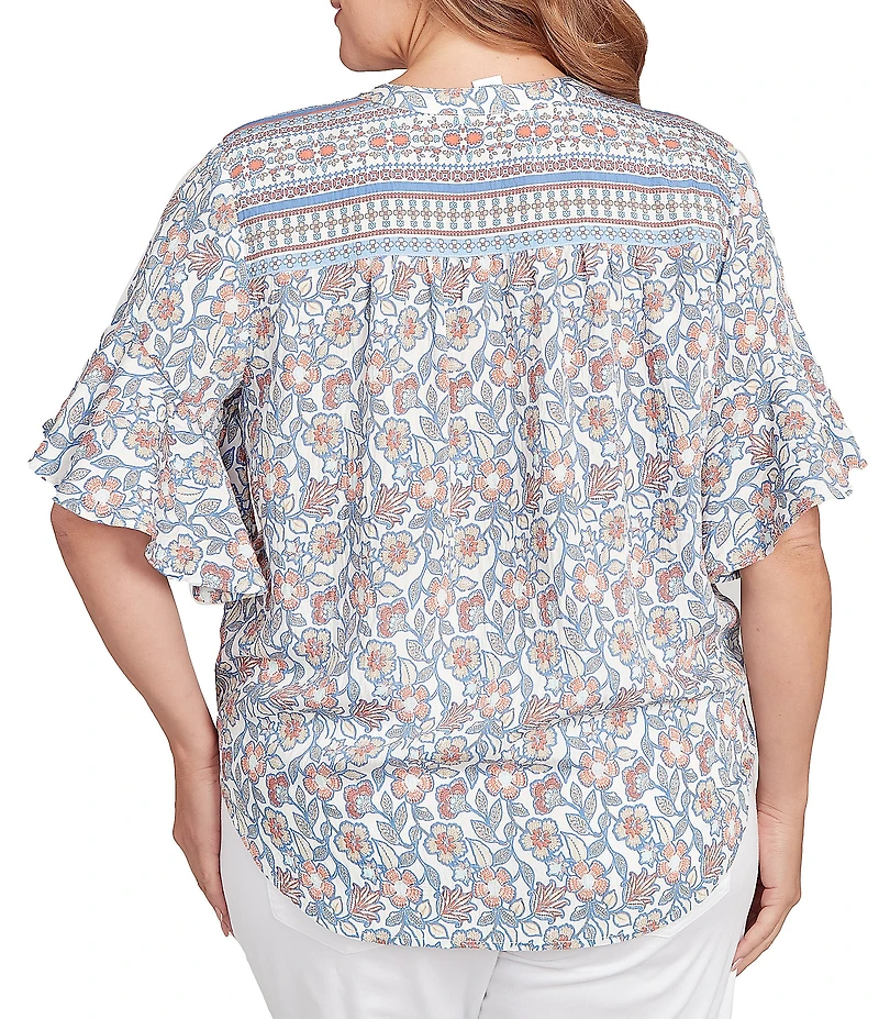 Ruby Rd. Plus Size Silky Voile Printed Round Neck Short Flutter Sleeve Tie-Front Top