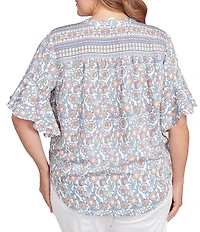 Ruby Rd. Plus Size Silky Voile Printed Round Neck Short Flutter Sleeve Tie-Front Top