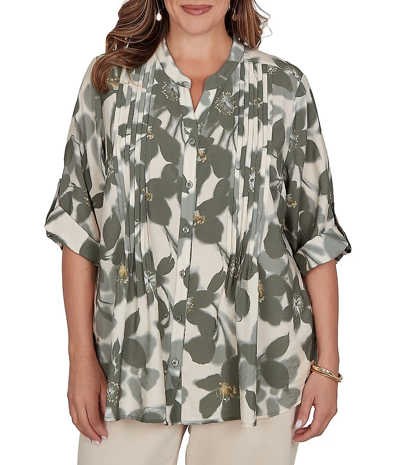 Ruby Rd. Plus Size Silky Voile Shadow Floral Split V-Neck 3/4 Sleeve Pleated Button Front Shirt