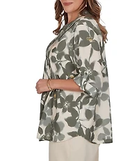Ruby Rd. Plus Size Silky Voile Shadow Floral Split V-Neck 3/4 Sleeve Pleated Button Front Shirt