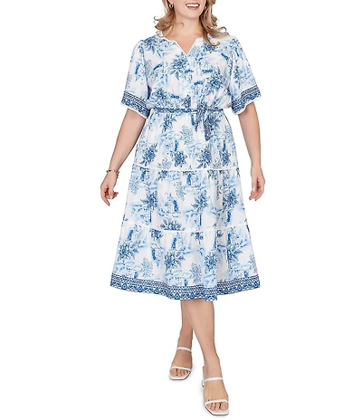 Ruby Rd. Plus Size Silky Voile Toile Border Print Split Round V-Neck Short Sleeve Belted Midi Dress