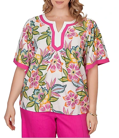 Ruby Rd. Plus Size Silky Voile Tropical Floral Split V-Neck Elbow Sleeve Blouse