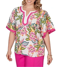 Ruby Rd. Plus Size Silky Voile Tropical Floral Split V-Neck Elbow Sleeve Blouse