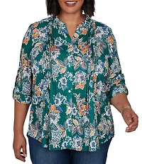 Ruby Rd. Plus Size Slub Jersey Kensington Inspired Floral Split V-Neck Elbow Roll-Tab Sleeve Button-Front Shirt