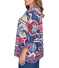 Ruby Rd. Plus Size Slub Jersey Knit Geo Paisley Scoop Neck 3/4 Sleeve Top