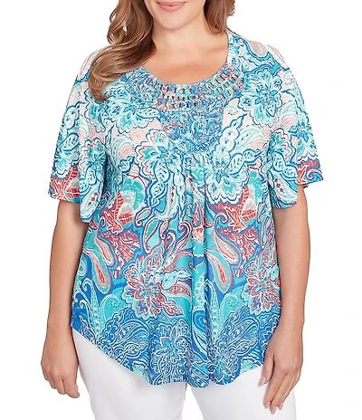 Ruby Rd. Plus Size Slub Jersey Knit Paisley Border Print Scoop Neck Short Sleeve Tee