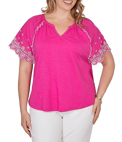 Ruby Rd. Plus Size Slub Knit Split V-Neck Short Embroidered Sleeve Top