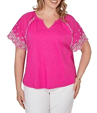 Ruby Rd. Plus Size Slub Knit Split V-Neck Short Embroidered Sleeve Top