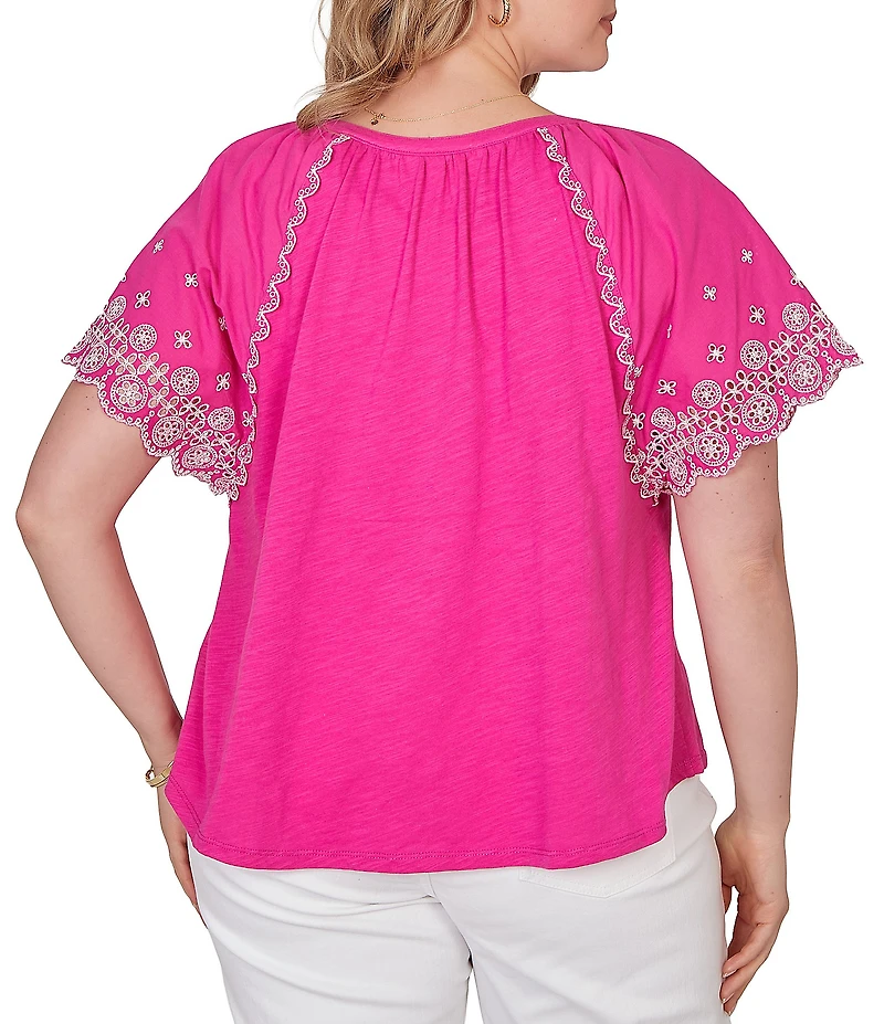 Ruby Rd. Plus Size Slub Knit Split V-Neck Short Embroidered Sleeve Top