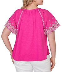 Ruby Rd. Plus Size Slub Knit Split V-Neck Short Embroidered Sleeve Top