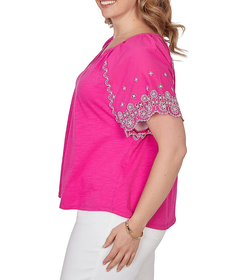 Ruby Rd. Plus Size Slub Knit Split V-Neck Short Embroidered Sleeve Top