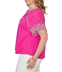 Ruby Rd. Plus Size Slub Knit Split V-Neck Short Embroidered Sleeve Top