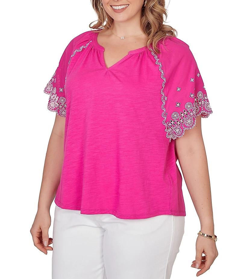 Ruby Rd. Plus Size Slub Knit Split V-Neck Short Embroidered Sleeve Top