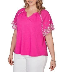 Ruby Rd. Plus Size Slub Knit Split V-Neck Short Embroidered Sleeve Top