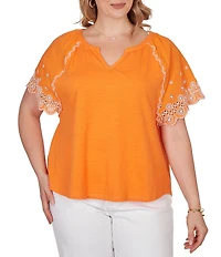 Ruby Rd. Plus Size Slub Knit Split V-Neck Short Embroidered Sleeve Top
