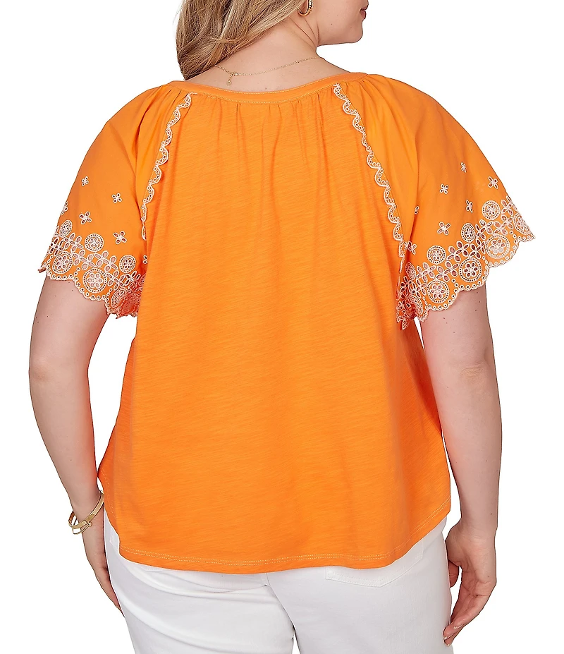 Ruby Rd. Plus Size Slub Knit Split V-Neck Short Embroidered Sleeve Top