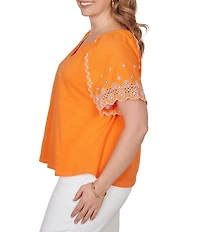 Ruby Rd. Plus Size Slub Knit Split V-Neck Short Embroidered Sleeve Top