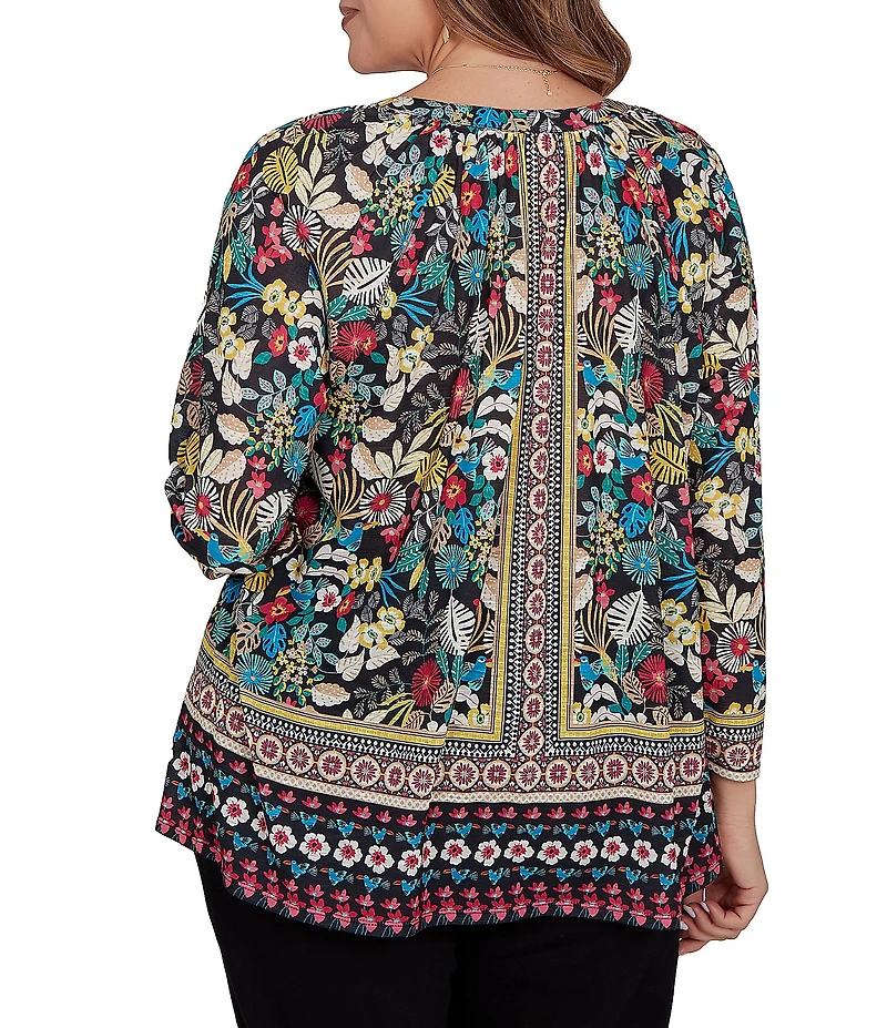 Ruby Rd. Plus Size Slub Knit Vibrant Paradise-Inspired Split V-Neck Cuffed 3/4 Sleeve Top