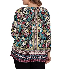 Ruby Rd. Plus Size Slub Knit Vibrant Paradise-Inspired Split V-Neck Cuffed 3/4 Sleeve Top