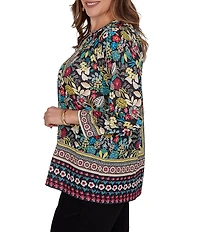 Ruby Rd. Plus Size Slub Knit Vibrant Paradise-Inspired Split V-Neck Cuffed 3/4 Sleeve Top