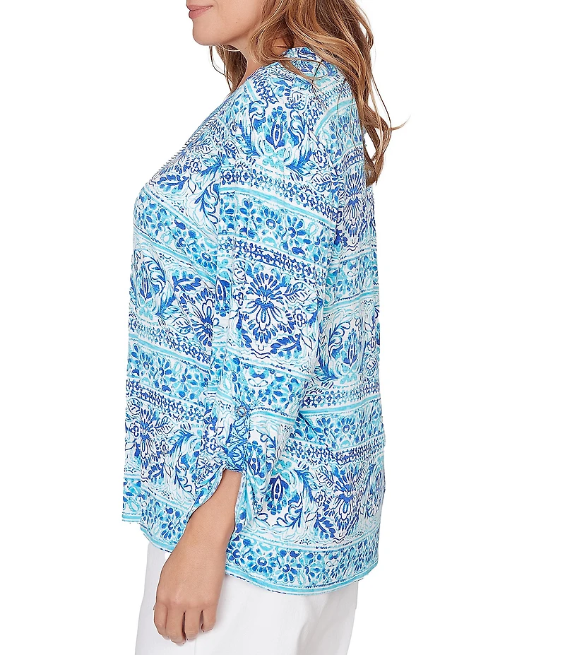 Ruby Rd. Plus Size Slub Knit Woodblock V-Neck 3/4 Roll-Tab Sleeve Top